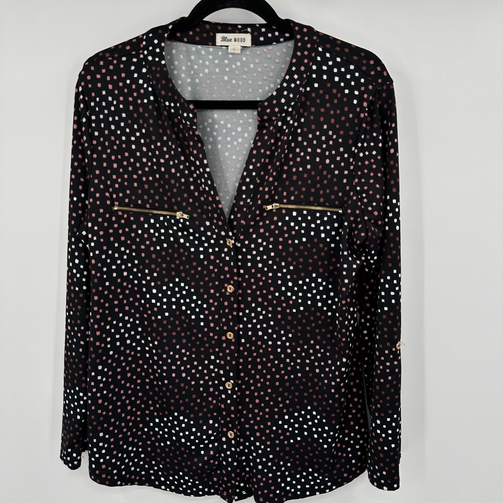 Blue Mood Womens Geometric Square Print Button Down Blouse Black‎ Mauve Large